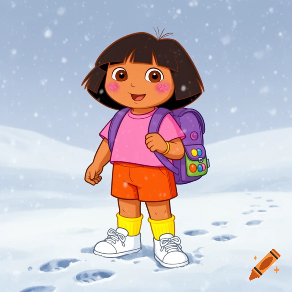 Cartoon Dora the Explorer wearing a pink t-shirt, orange shorts, purple backpack, yellow socks, and white sneakers, standing in a snowy landscape with falling snow and footprints.