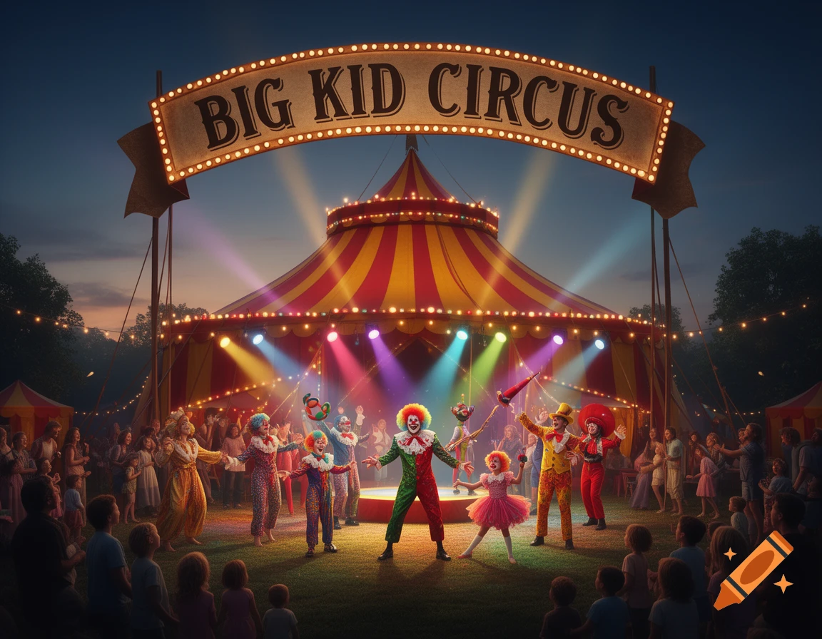 A vibrant night scene of a 'Big Kid Circus' with clowns performing on a stage lit by colorful spotlights, watched by a crowd.