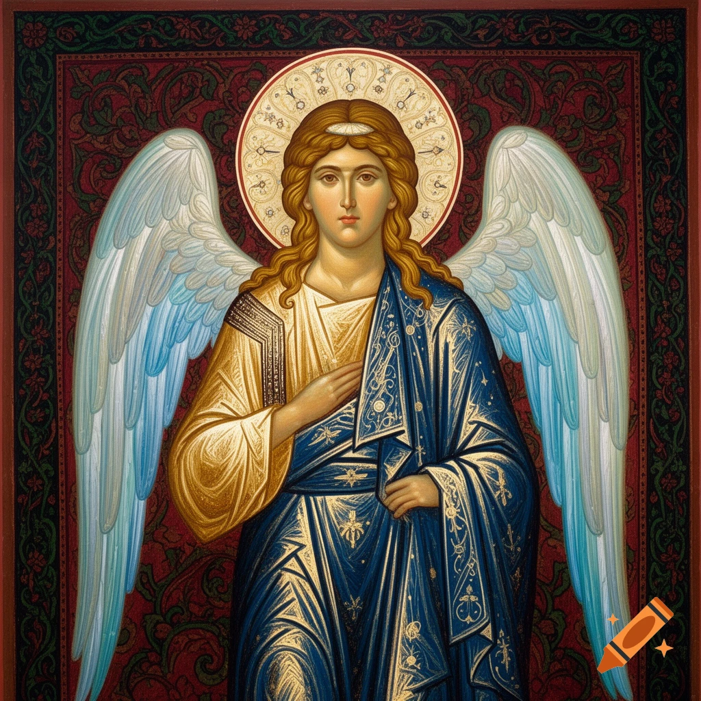 Byzantine religious icon of the Archangel Gabriel, with golden robes and blue wings, against a red patterned background.