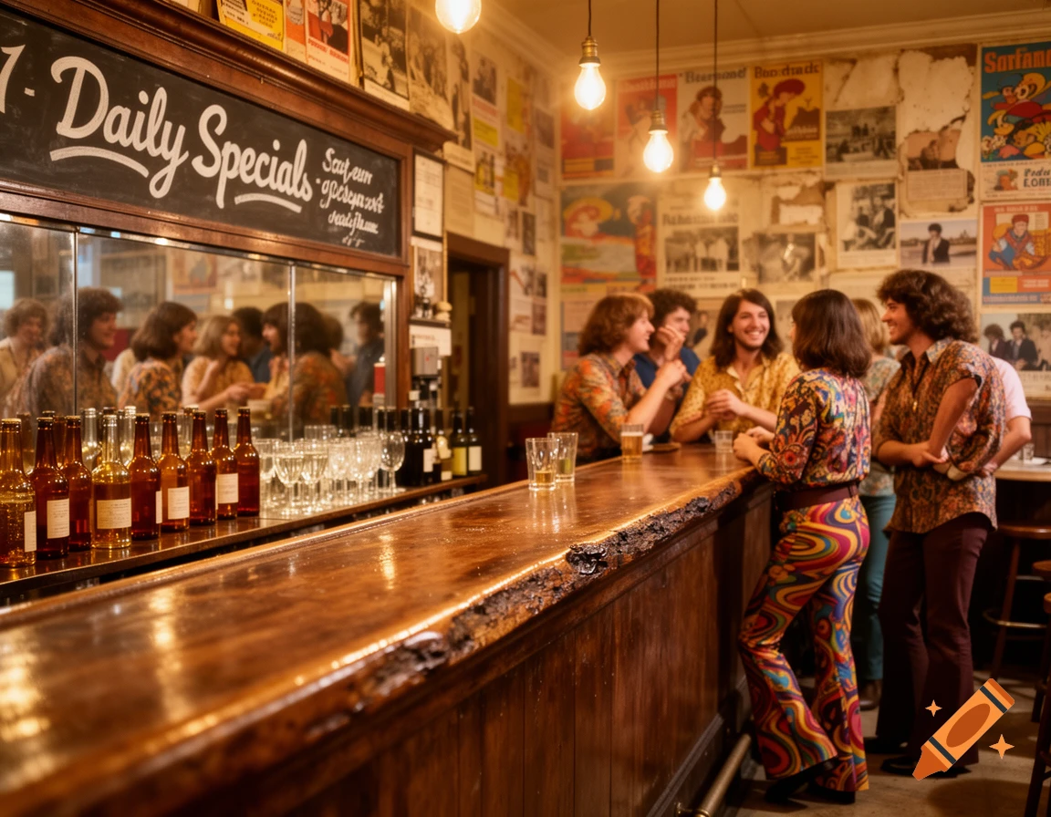 People in 1970s fashion socialize at a dimly lit bar with a wooden counter, mirrors, and posters on the wall.