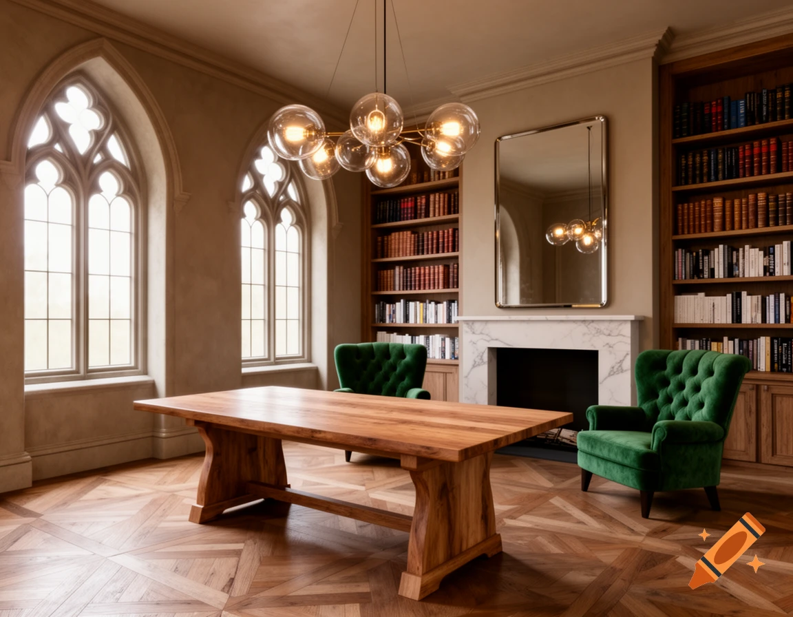 A luxurious modern-Gothic study with tall arched windows, a large wooden table, emerald green armchairs, and floor-to-ceiling bookshelves flanking a fireplace.