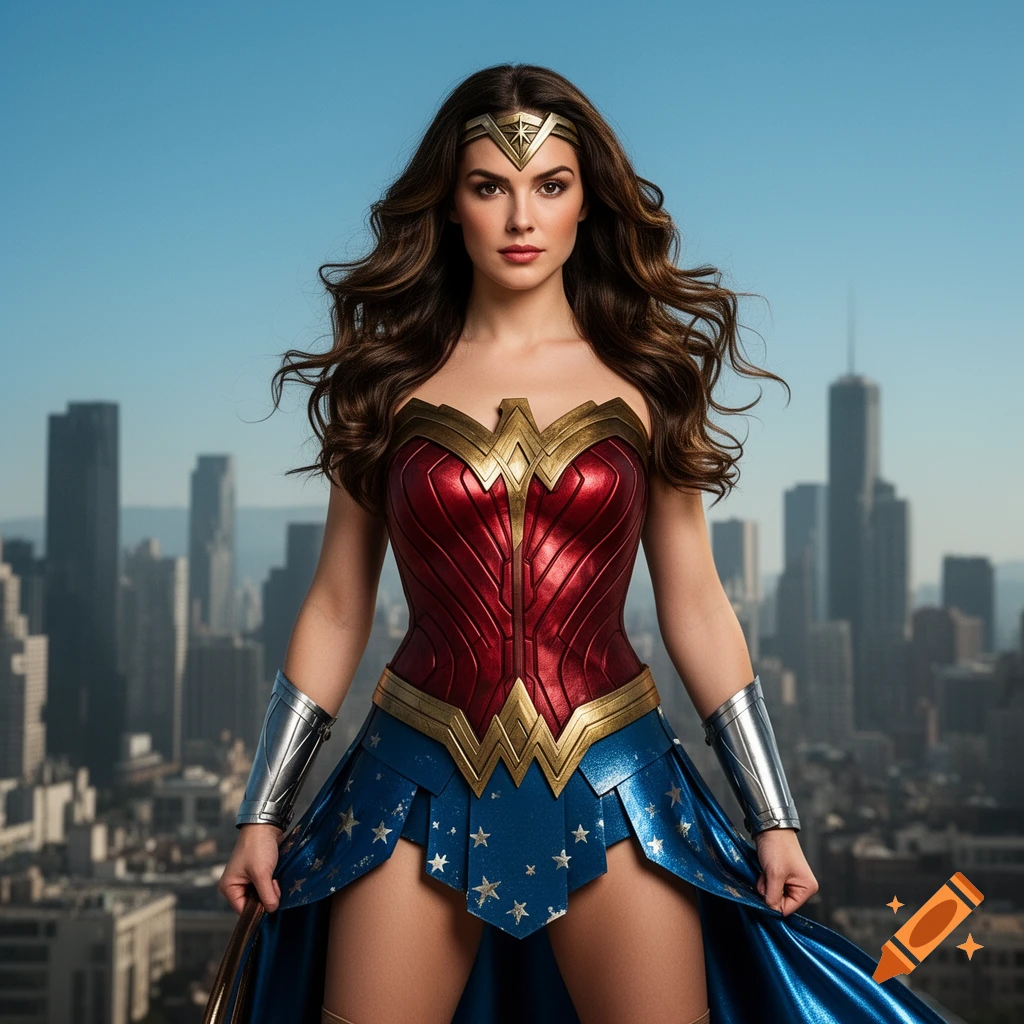 Photorealistic image of Wonder Woman standing confidently with a city skyline in the background under a blue sky.
