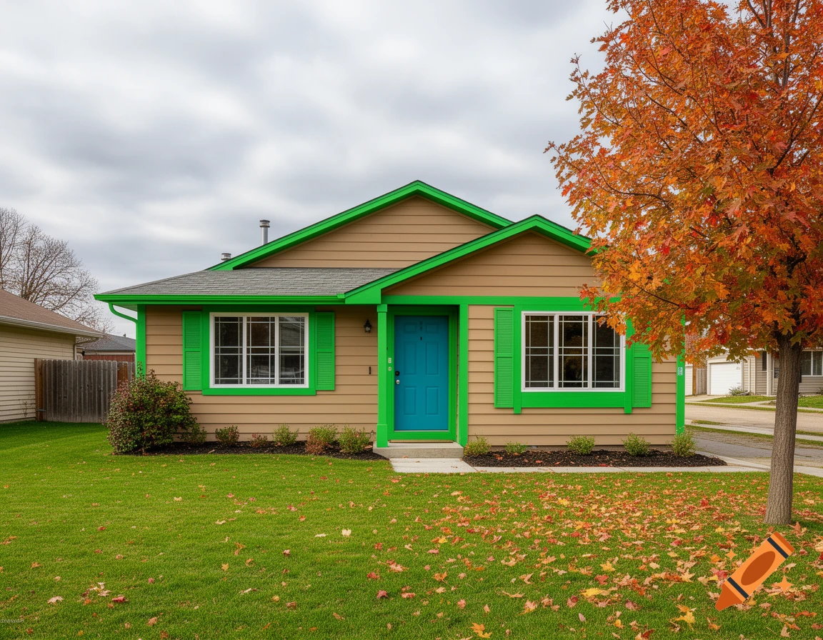 A tan house with a bright teal front door, Kelly green trim, and green shutters, with a lawn and fall tree under an overcast sky.