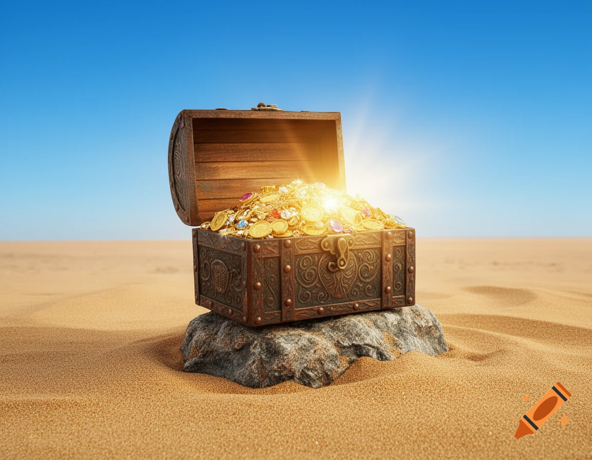 An open treasure chest filled with glowing gold and jewels sits on a rock in a vast desert under a clear blue sky.