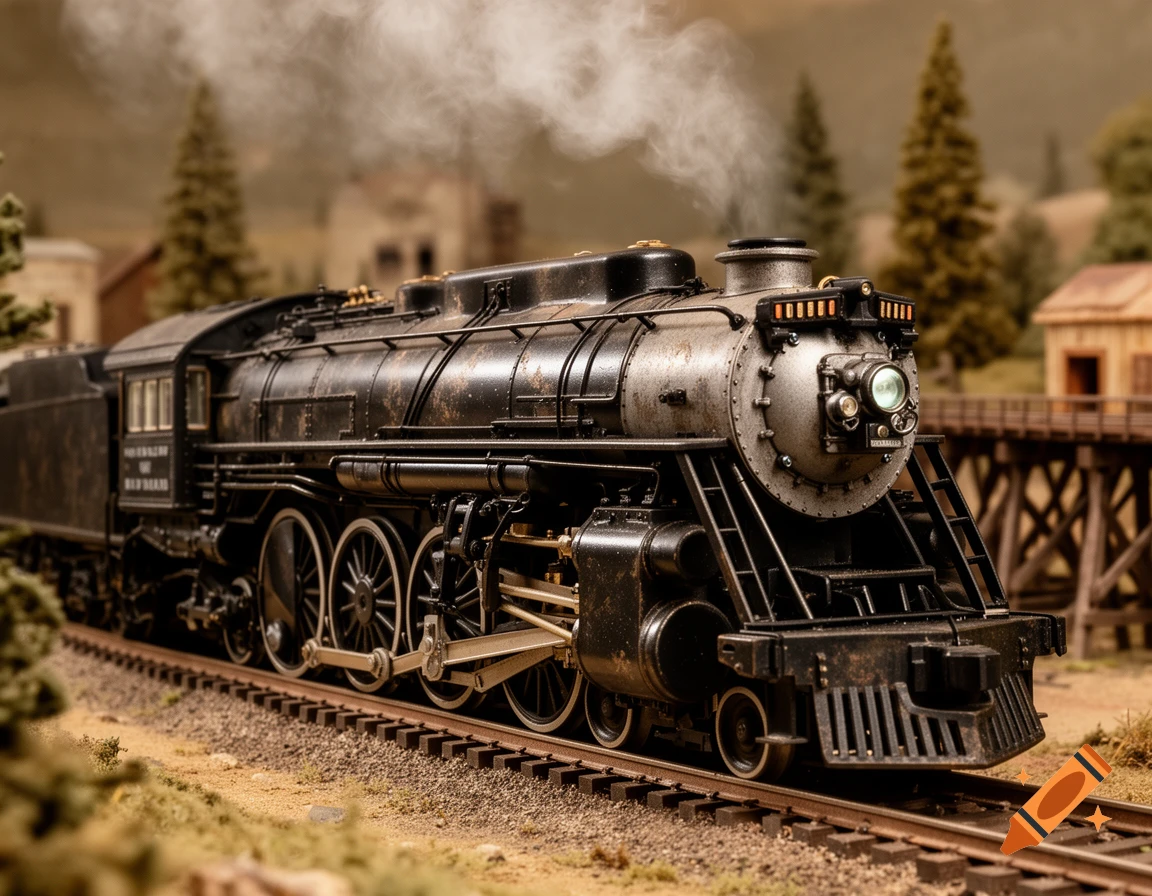Close-up of a detailed model steam locomotive on tracks, emitting smoke, in a miniature landscape.