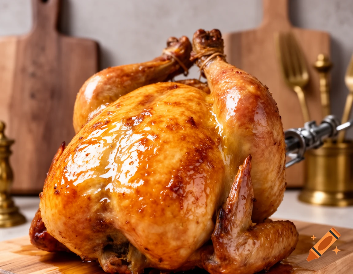 Close-up photorealistic image of a glossy, golden-brown rotisserie chicken on a wooden cutting board in a kitchen.