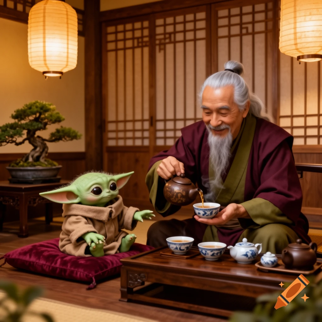 Grogu and an old man with a long beard and top knot sit on the floor in a traditional room, performing a tea ceremony.