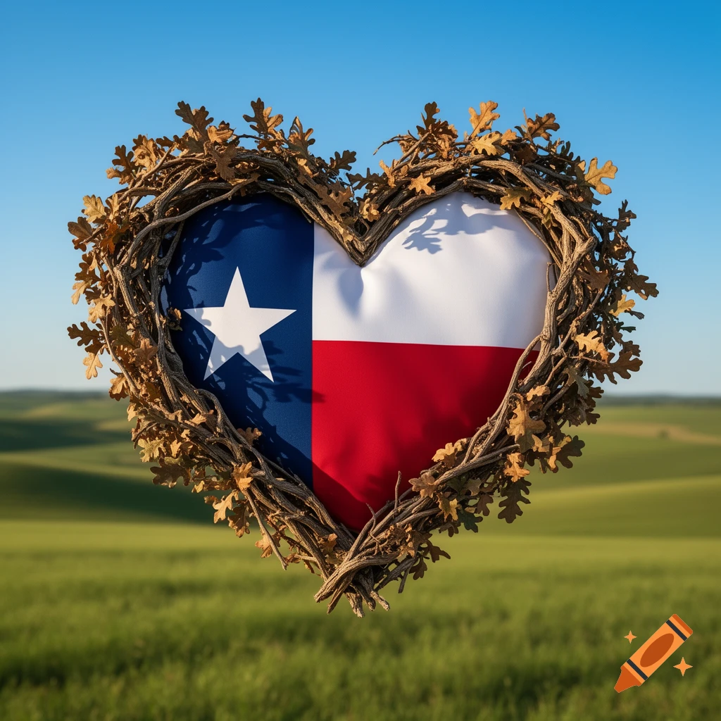 Heart-shaped wreath with a Texas flag, floating over a green field under a clear blue sky. Photorealistic style.