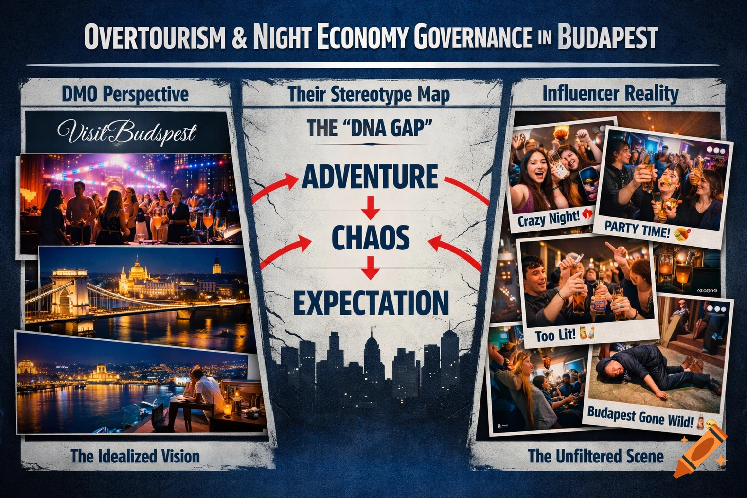 An infographic titled 'Overtourism & Night Economy Governance in Budapest,' comparing 'DMO Perspective' with 'Influencer Reality' using collages of city views and party scenes, with a central 'DNA Gap' chart.