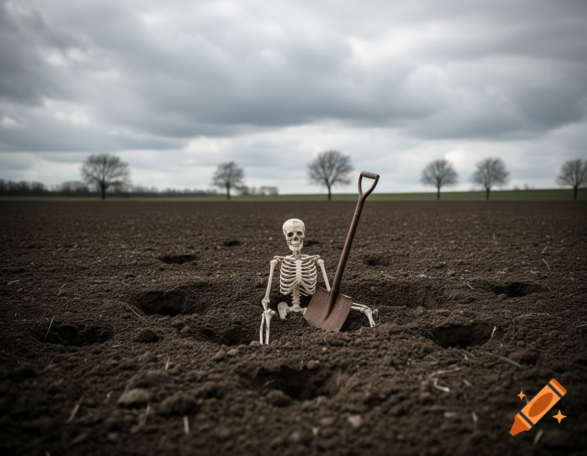 A skeleton sits in a dirt field, leaning on a shovel, under a cloudy sky with bare trees in the distance.