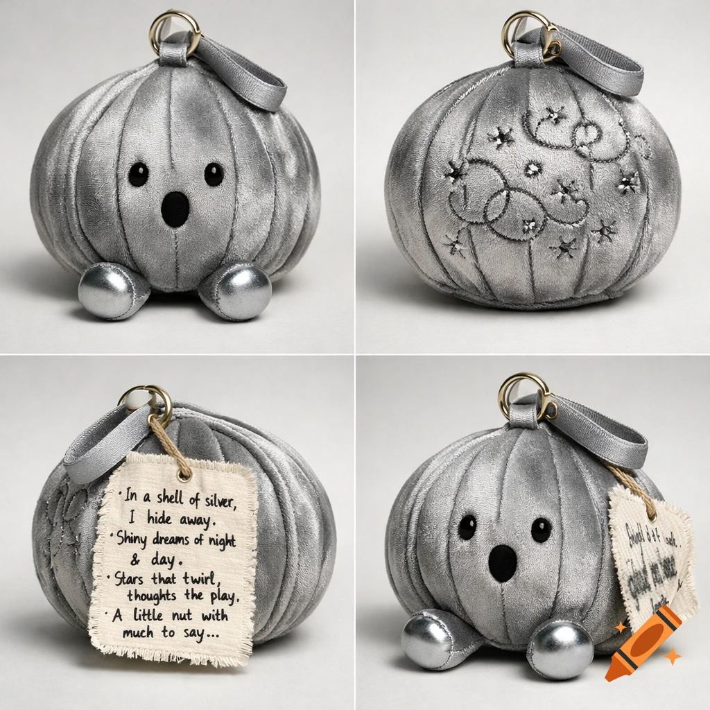 Four views of a silver walnut-shaped plush toy with a cute surprised face, metallic legs, and a fabric tag displaying a handwritten poem.