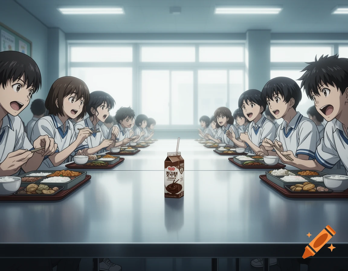 Anime-style depiction of students eating lunch in a bright Korean high school cafeteria, with a chocolate milk carton alone on a table.