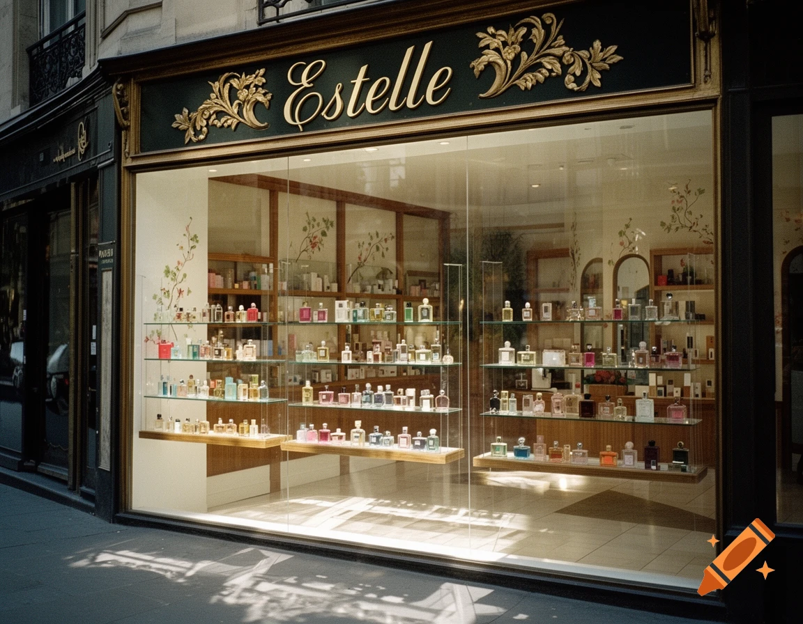 Photorealistic view of Estelle perfume shop from outside, displaying many perfume bottles on shelves through the glass window.