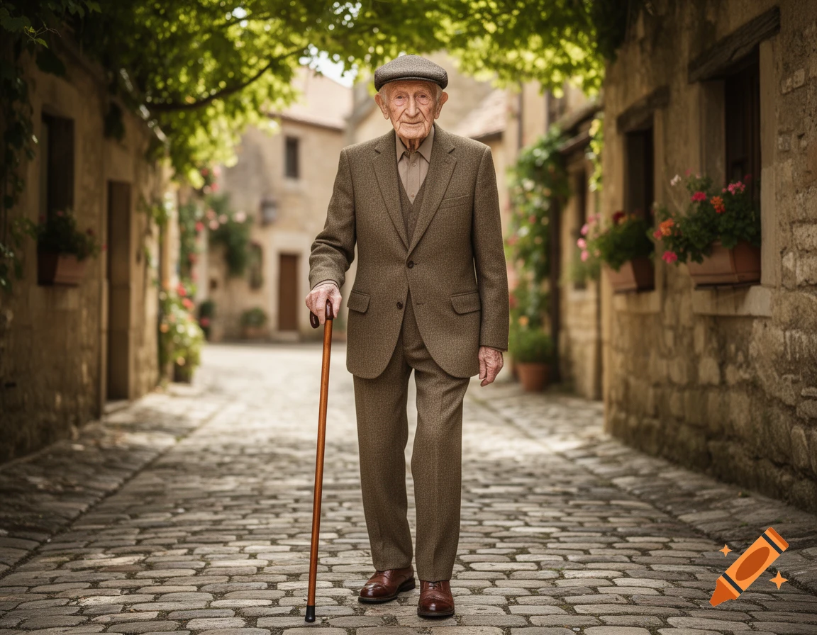 An elderly man in a tweed suit and flat cap walks with a cane on a cobblestone street in an old town.