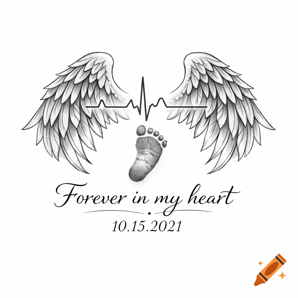 Black and grey tattoo design featuring angel wings, a heartbeat line, and a baby footprint. Below, the text "Forever in my heart" and "10.15.2021" is displayed.