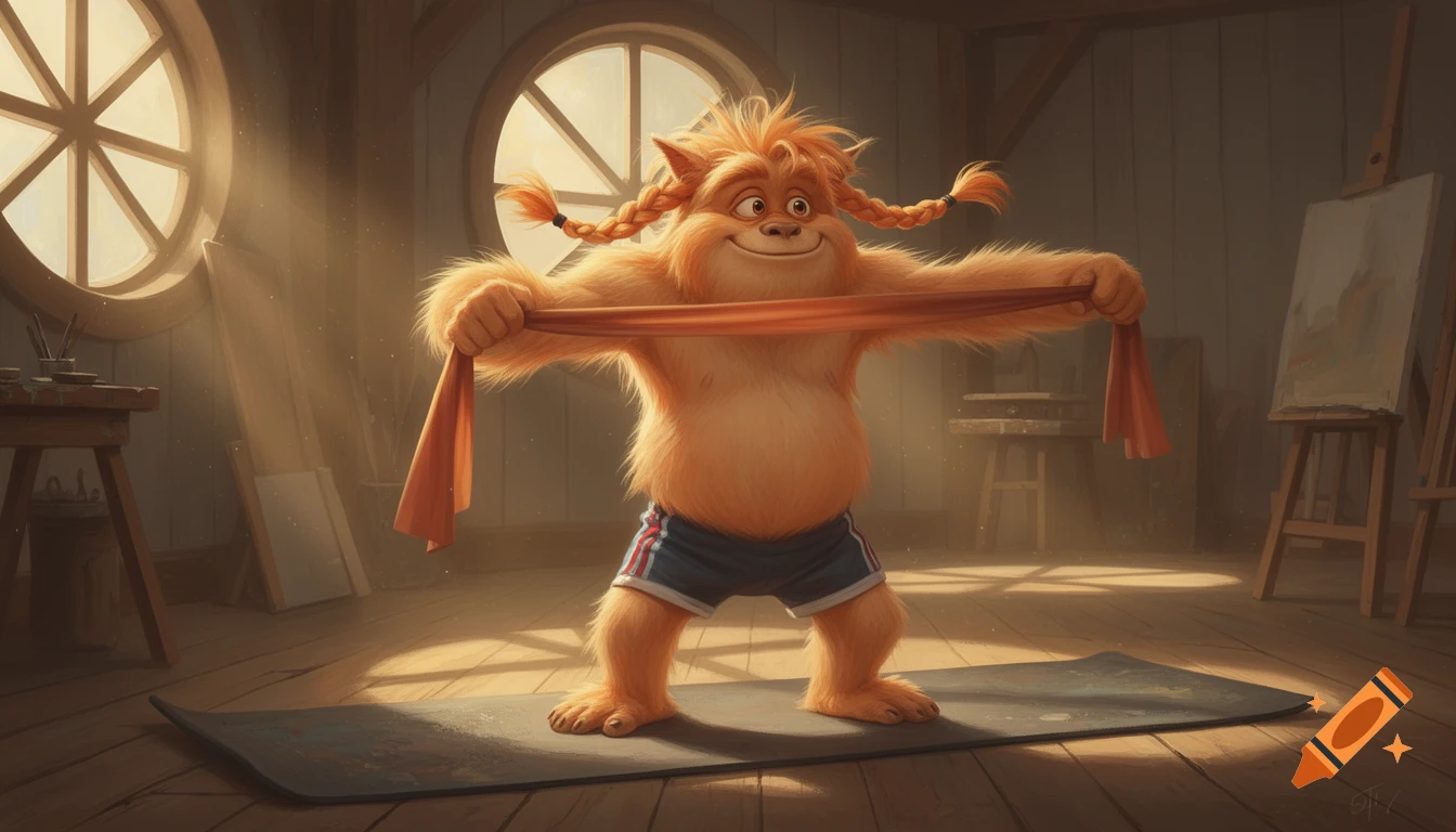 A cartoon light orange furry monster with braided pigtails stretches an elastic band on a gym mat in a sunlit wooden room.