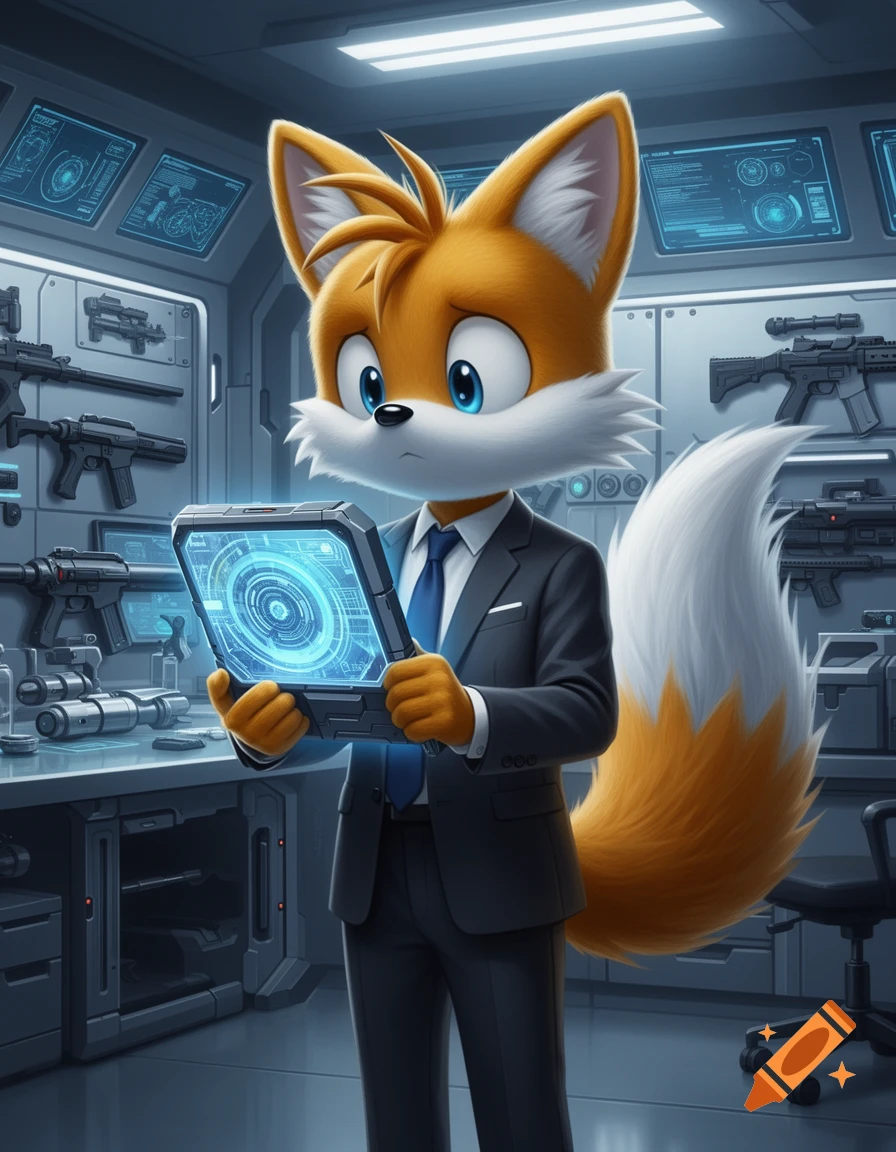 Tails from Sonic the Hedgehog, wearing a suit and tie, holds a glowing tablet in a futuristic lab or armory with weapons on the wall.