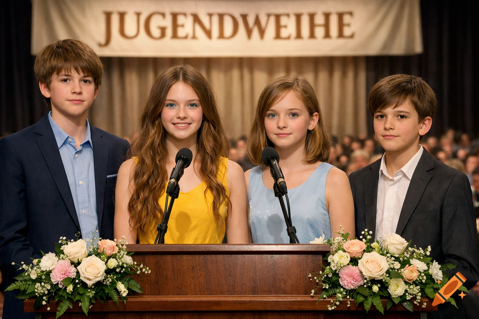 Four teenagers, two boys and two girls, stand behind a podium with microphones at a Jugendweihe ceremony, smiling subtly.