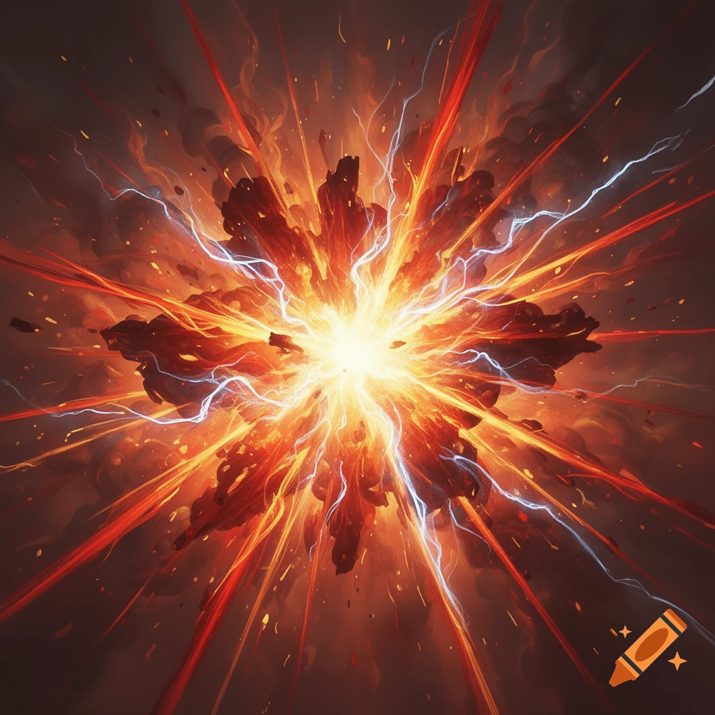 A bright, fiery explosion with streaks of red and yellow energy and white lightning bolts erupting from a central point.