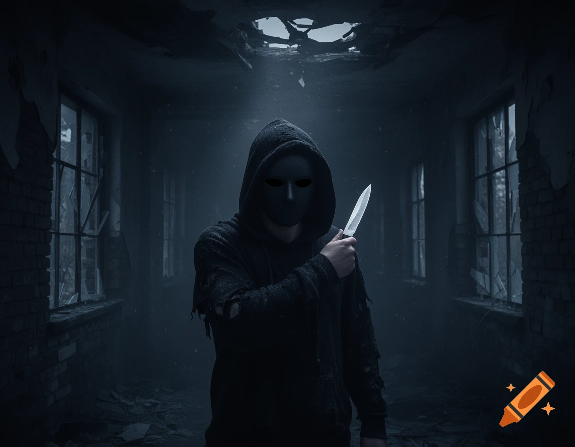 A hooded figure in a black mask holds a knife in a dark, ruined building with broken windows and debris, conveying a horror aesthetic.