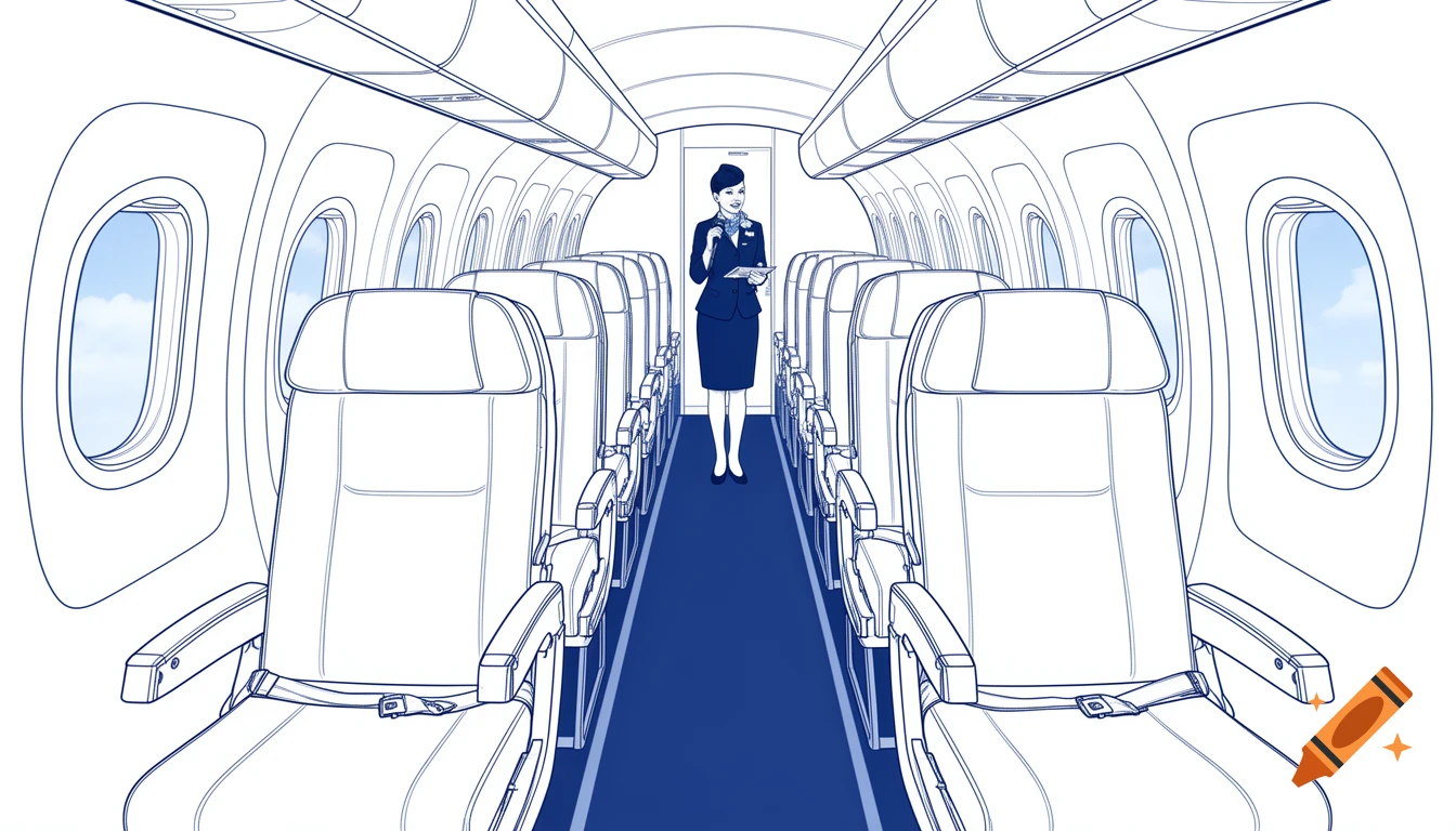 Blue line art illustration of an A320 airplane interior with a flight attendant standing in the central aisle.