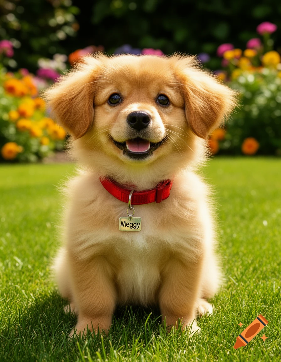 A happy, fluffy light brown puppy with a red collar and a "Meggy" tag sits on green grass in a flowery garden.