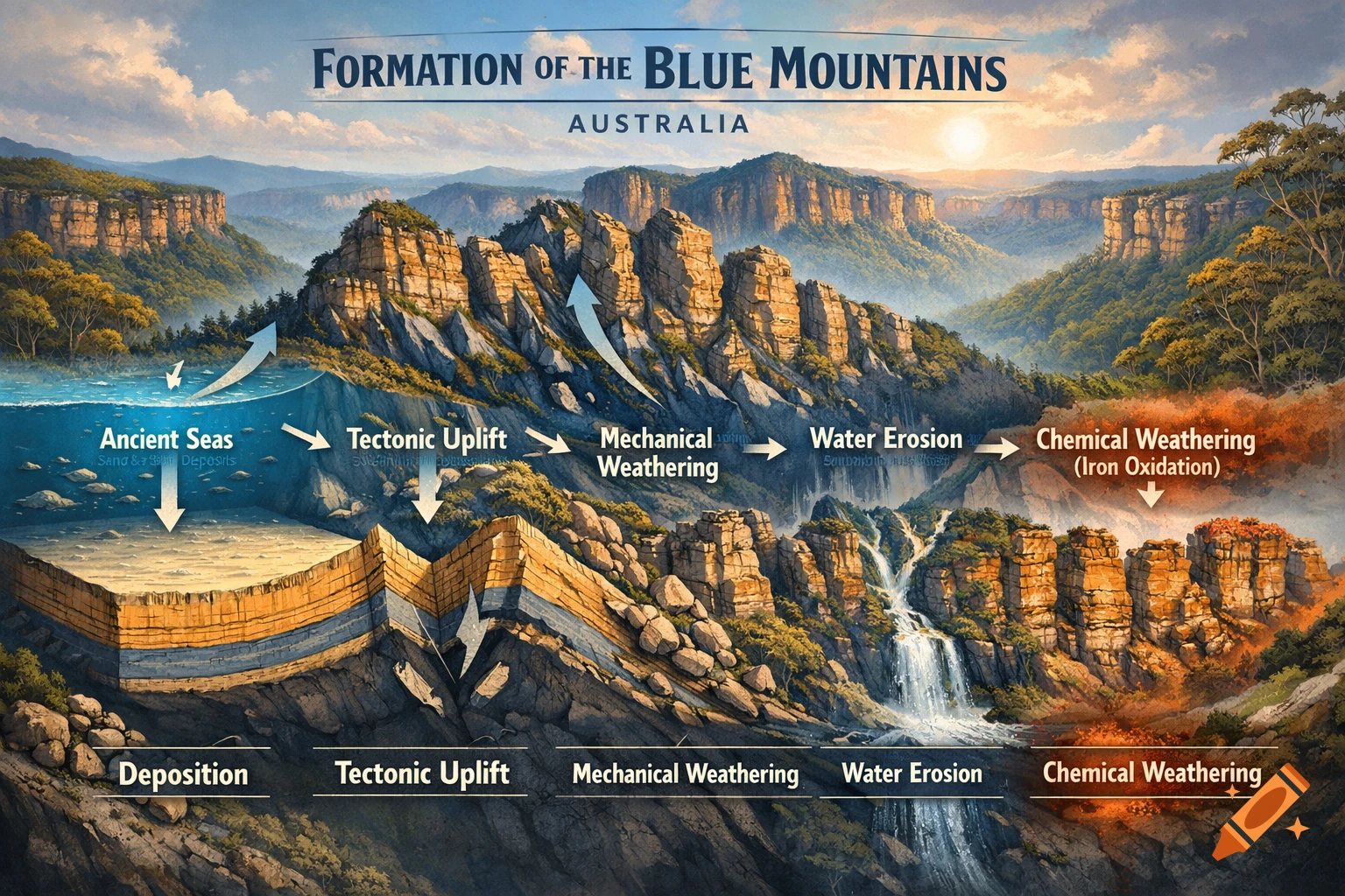 An illustrative diagram showing the formation of the Blue Mountains in Australia, detailing processes like deposition, tectonic uplift, mechanical weathering, water erosion, and chemical weathering, with clear labels and arrows.