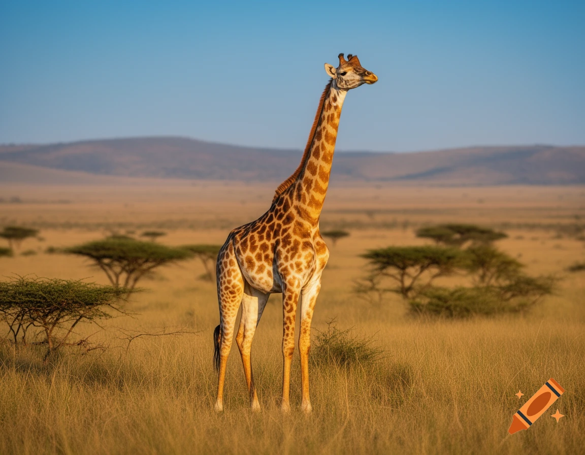 A majestic photorealistic giraffe stands in a golden African savanna under a clear blue sky.