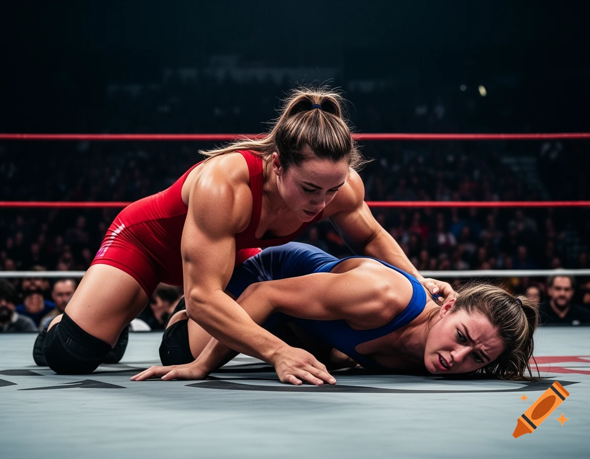 Two muscular female wrestlers, one in red and one in blue, grapple on a mat during a match in a dimly lit arena with a crowd.