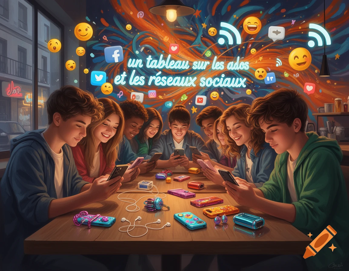 Vibrant illustration of smiling teenagers absorbed in their phones, surrounded by floating social media icons and text.