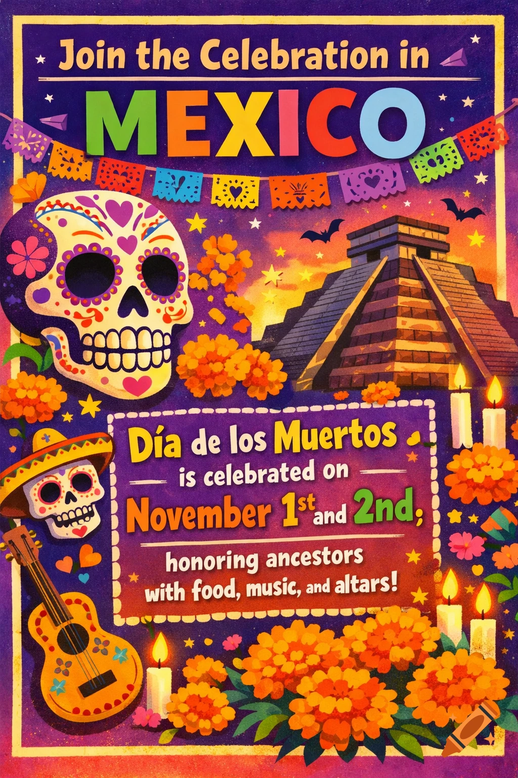 A vibrant travel poster for Mexico and Día de los Muertos, featuring a decorated sugar skull, a pyramid, marigolds, candles, and celebration text.