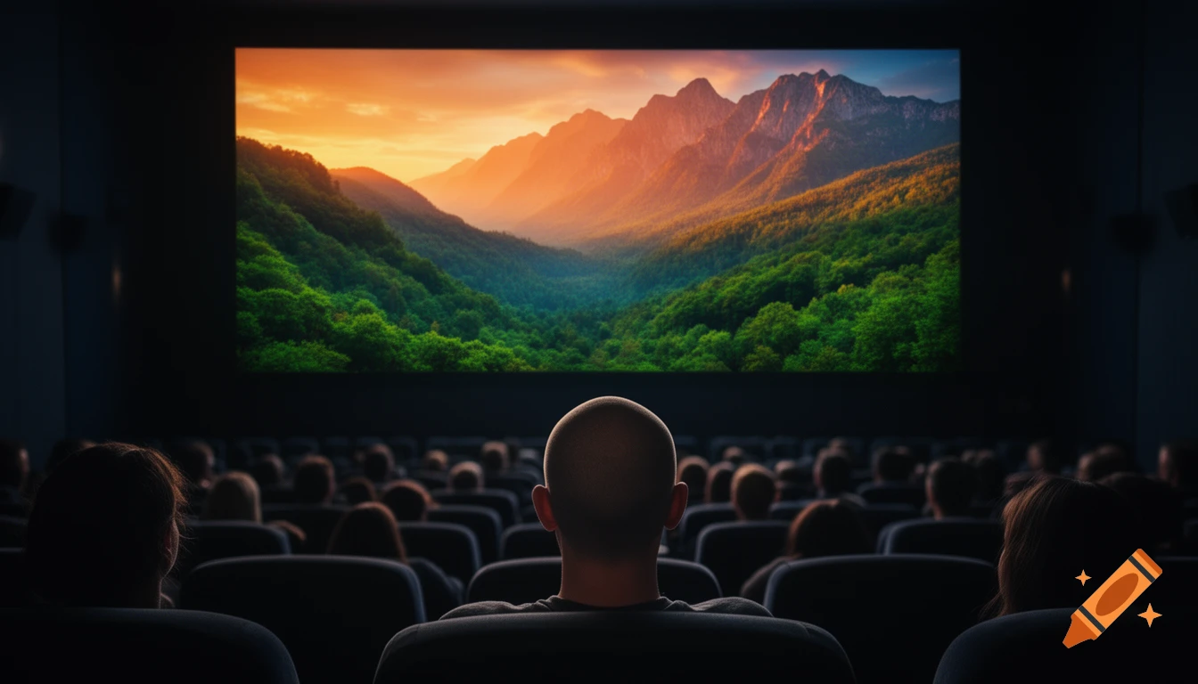 A person with a shaved head views a vibrant nature scene on a large cinema screen from a darkened movie theater.