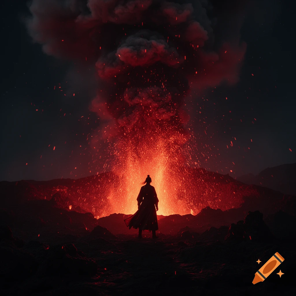 A silhouetted figure stands on dark terrain before a powerful volcanic eruption, with fiery lava sparks and a large smoke cloud against a dark sky.