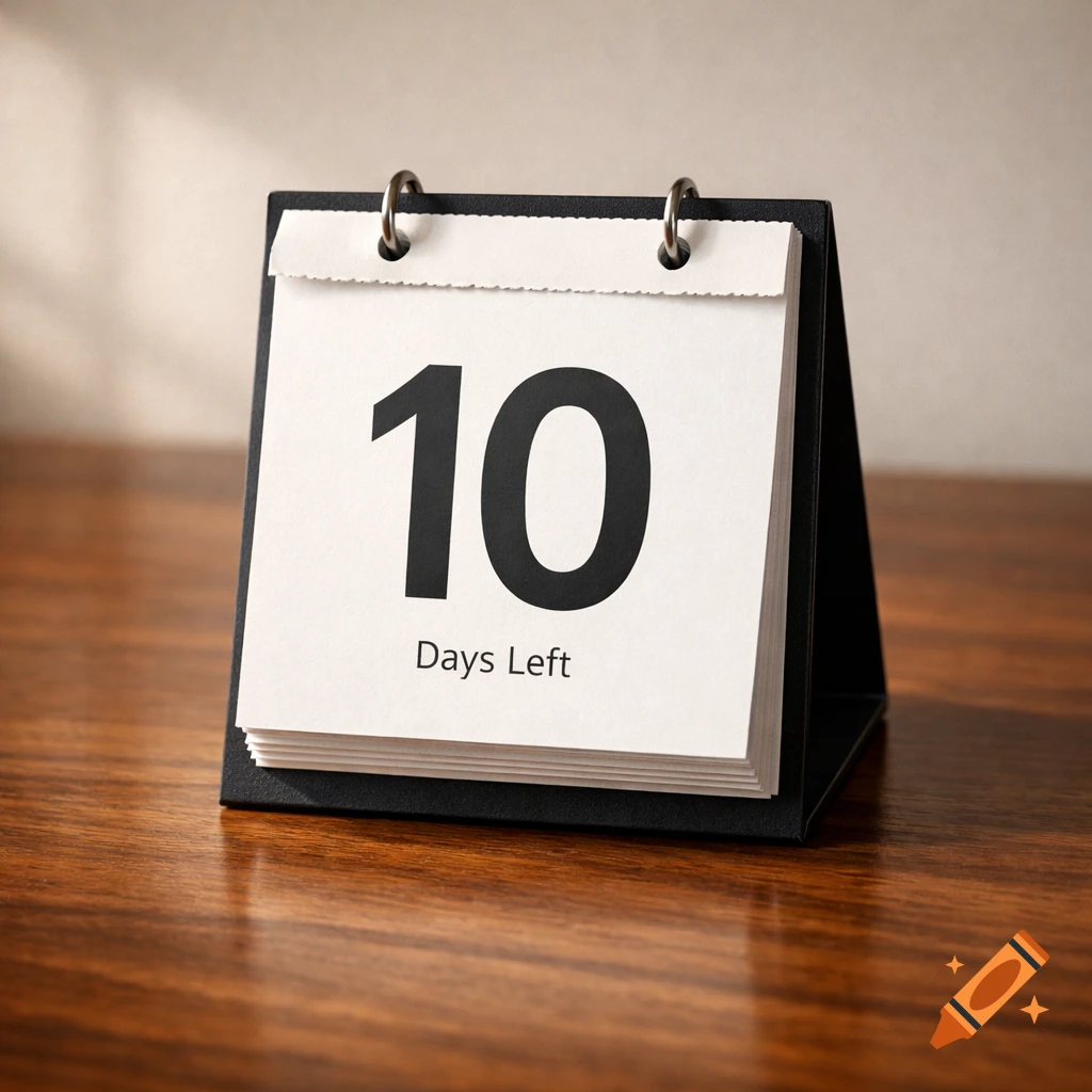 A black desk calendar shows '10 Days Left' on a white page, sitting on a glossy wooden desk under warm light.