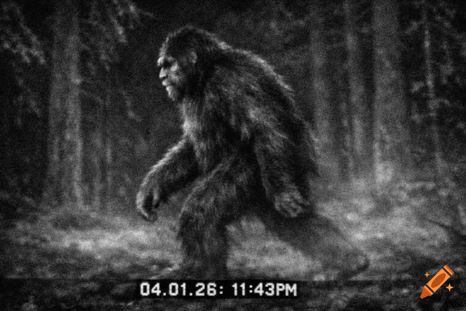 Grainy black and white trail camera footage of Bigfoot walking through a dark forest at night, with a timestamp.