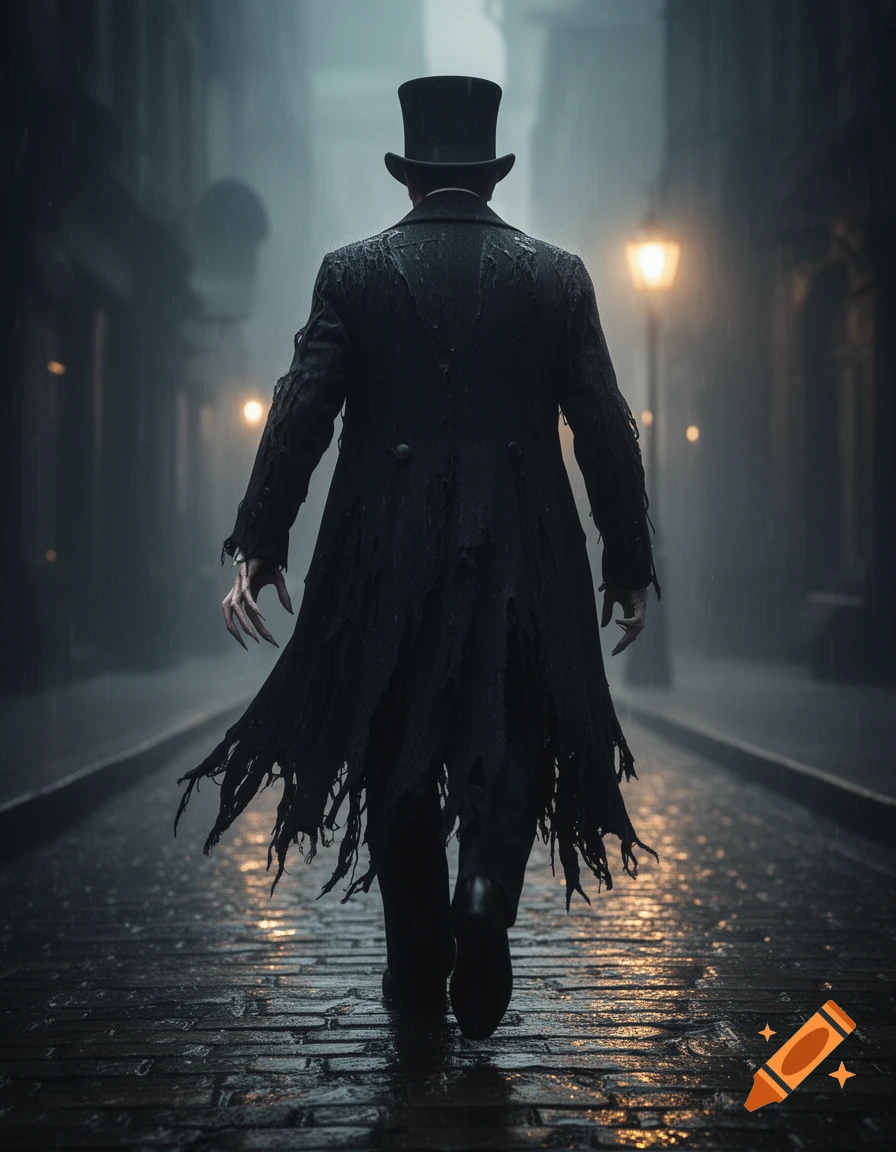 A mysterious man in a top hat and tattered coat walks down a wet, foggy street at night, seen from behind. Photorealistic, dark gothic tone.