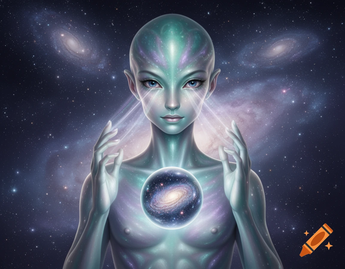 Androgynous alien with glowing blue eyes and iridescent skin, holding a miniature galaxy in its chest, against a starry cosmic background. Digital art.
