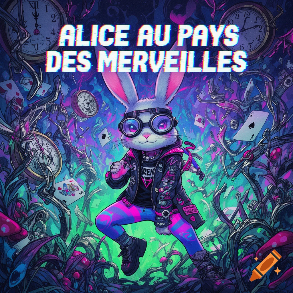 A white rabbit in steampunk goggles and a punk jacket with neon pink and blue leggings, surrounded by clocks and playing cards in a vibrant, glowing, cyber-colored fantasy landscape. The text "ALICE AU PAYS DES MERVEILLES" is at the top.