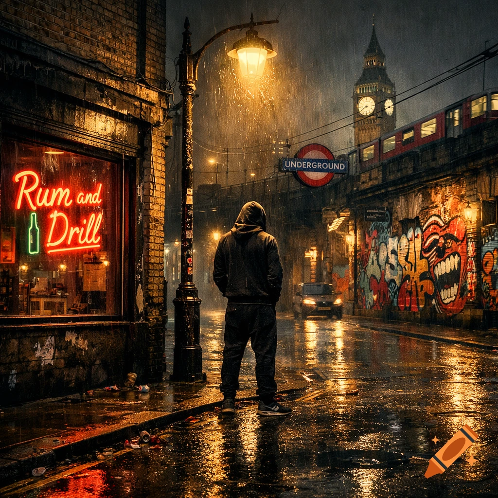 A hooded man stands in a dark, rainy London street at night, a 'Rum and Drill' neon sign glowing beside him, with Big Ben in the distance. Photorealistic.