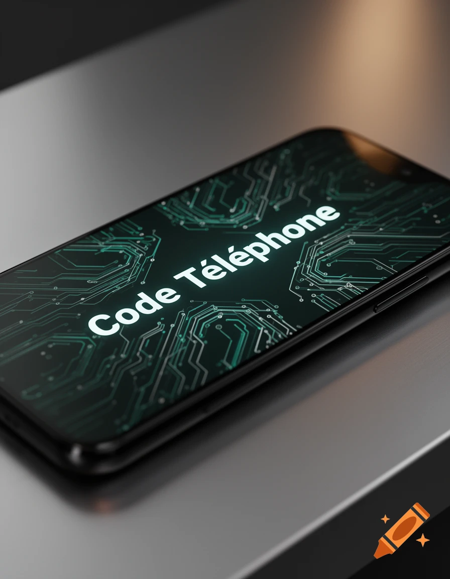 A close-up of a smartphone screen displaying "Code Téléphone" with glowing circuit patterns, resting on a metallic surface.