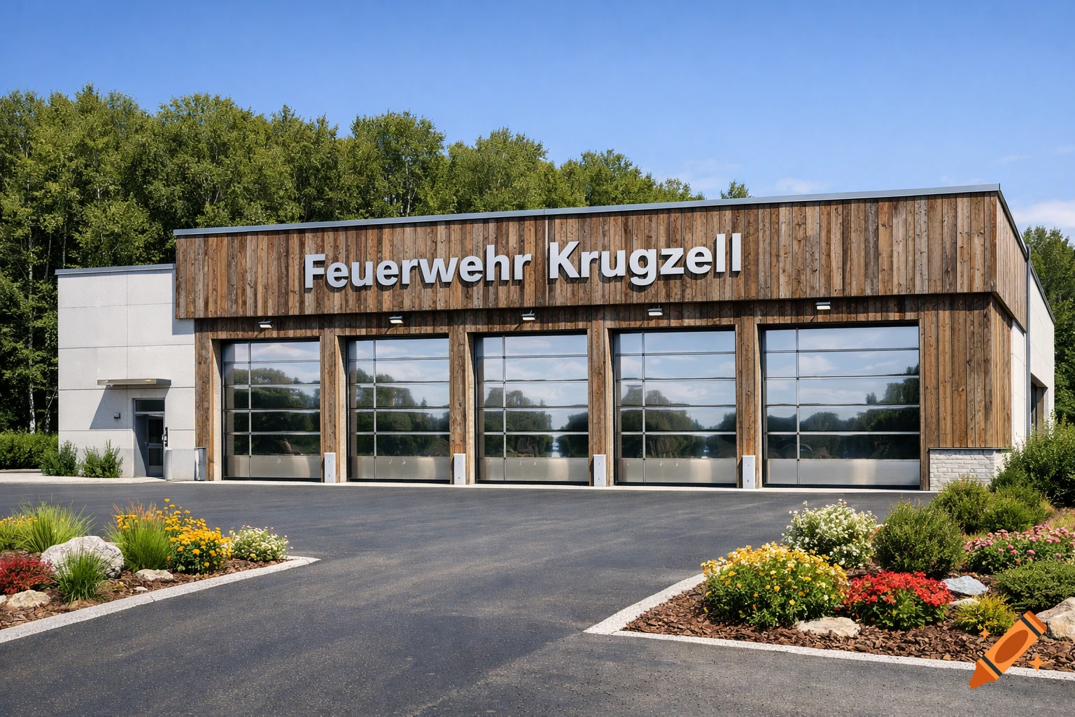 A modern fire station with a wooden facade, four large glass garage doors, and colorful landscaping under a blue sky.