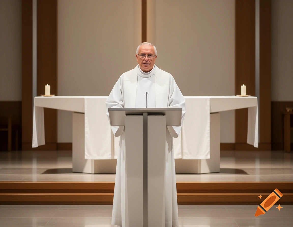 A photorealistic image of a priest in white robes standing at a podium in a modern church with a cross behind the altar.