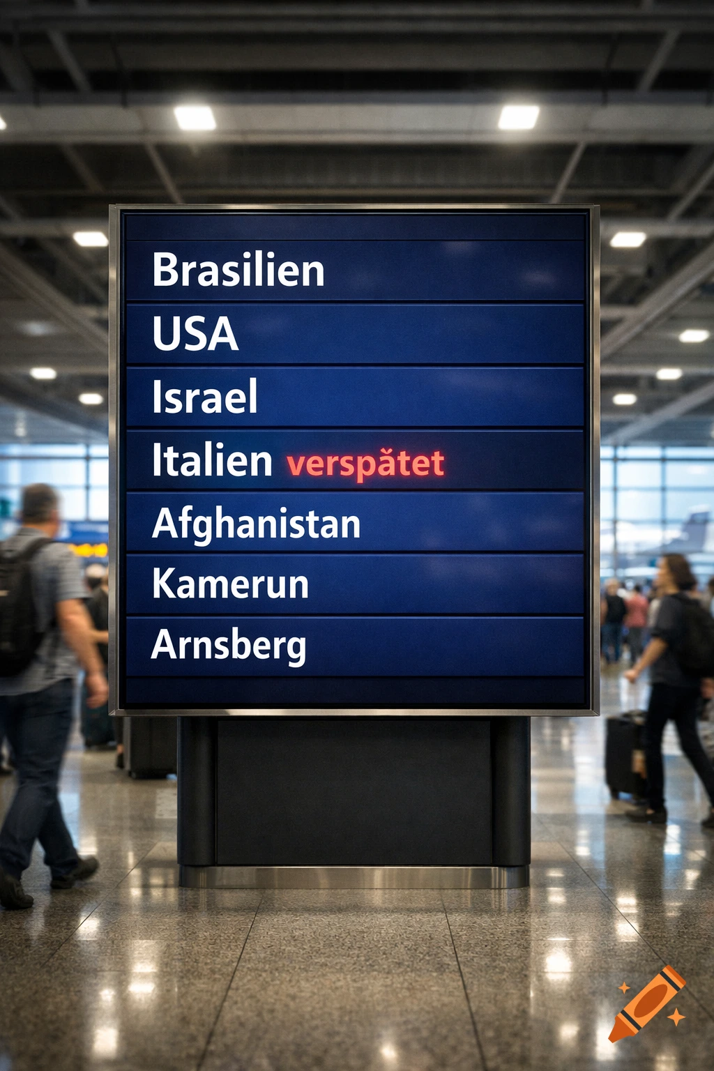 A photorealistic image of a flight information board in a busy airport terminal, displaying destinations like Brazil, USA, and Italy (delayed).