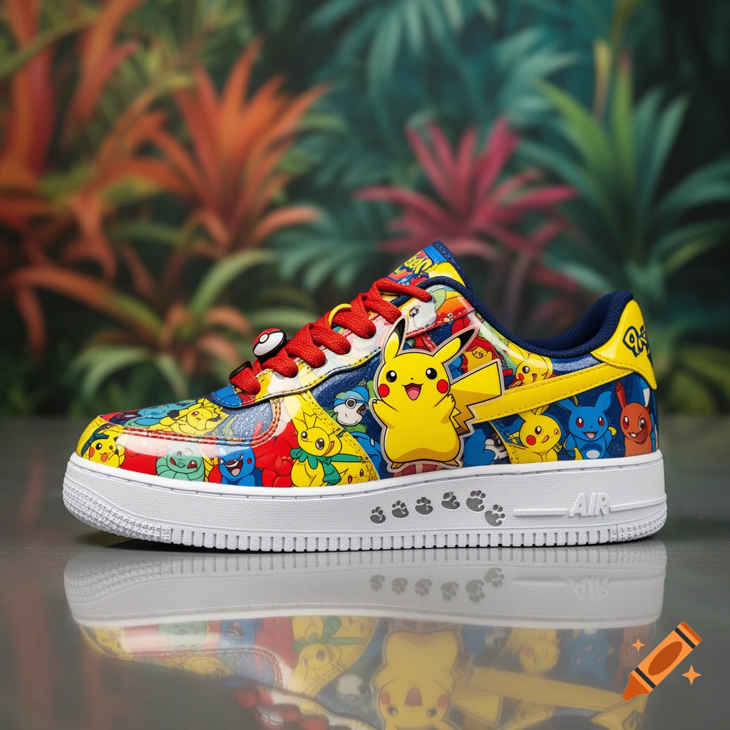 A colorful sneaker decorated with various Pokemon characters including a prominent Pikachu, red laces, and a Pokeball charm, on a reflective surface.