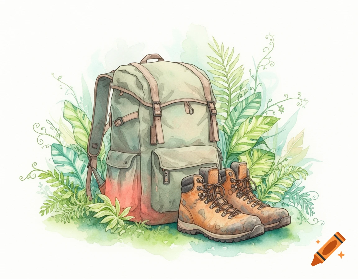 Watercolor illustration of a green hiking backpack and brown hiking boots surrounded by lush tropical foliage.