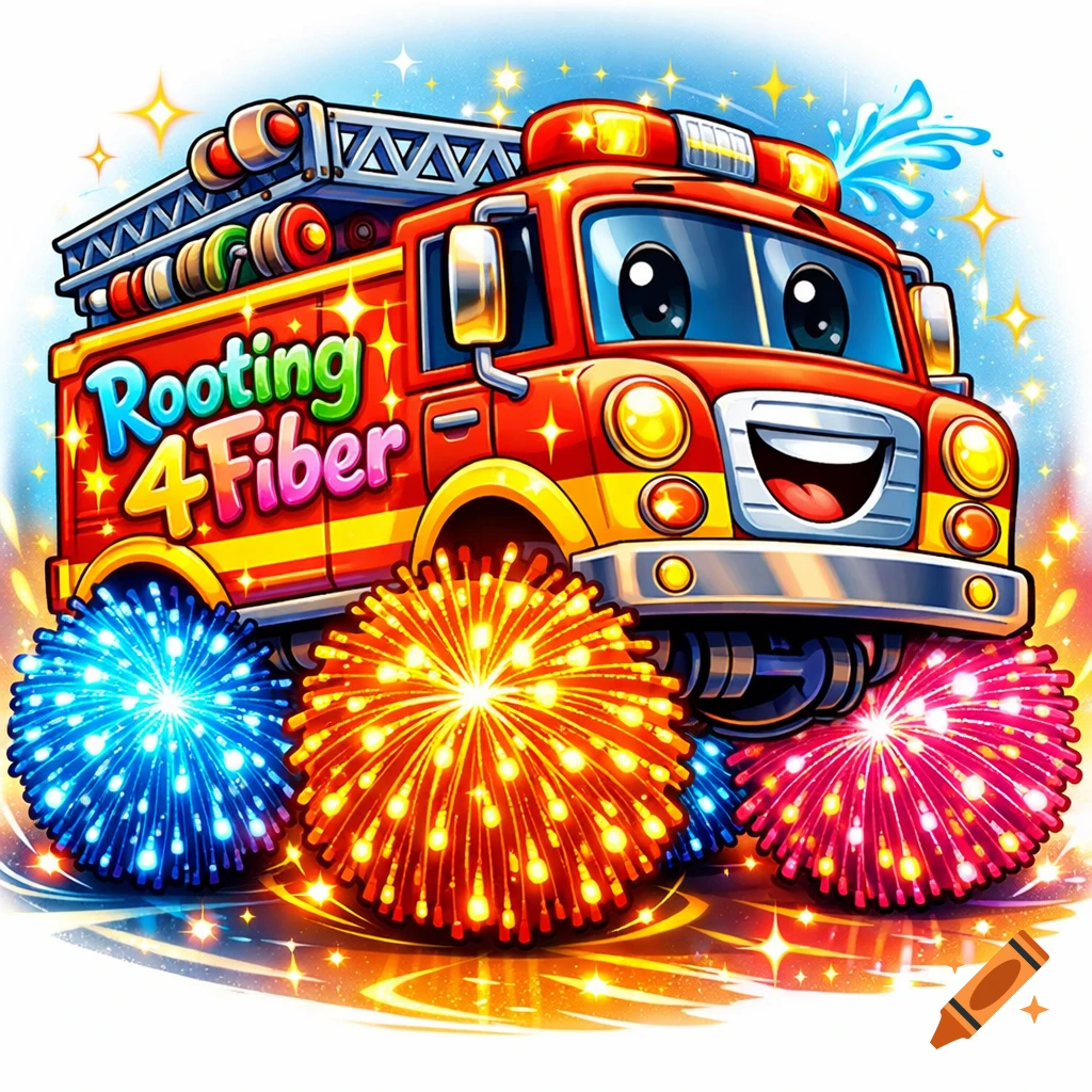 A cheerful, vibrant cartoon fire truck with glowing pom-pom wheels and 'Rooting 4 Fiber' on its side.