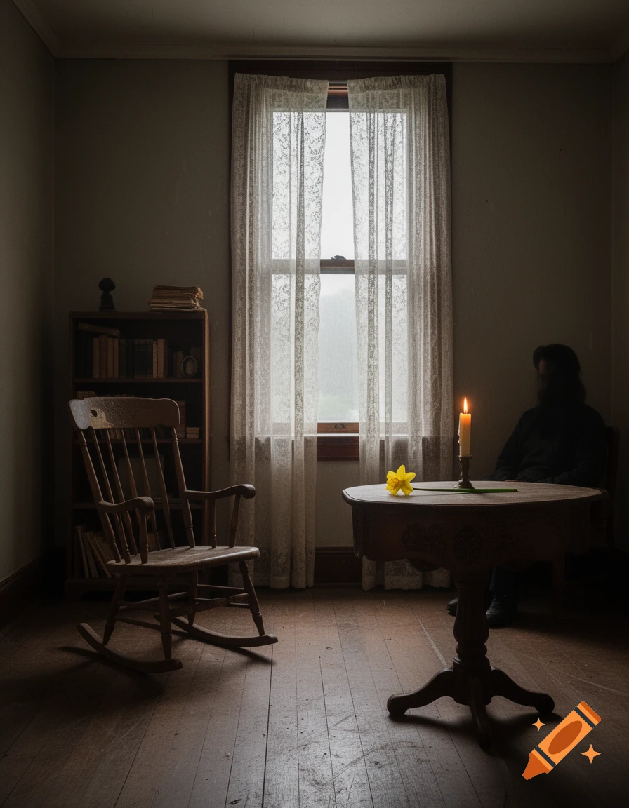 Dimly lit room with a rocking chair, a table holding a lit candle and a yellow daffodil, and a dark figure in the background.