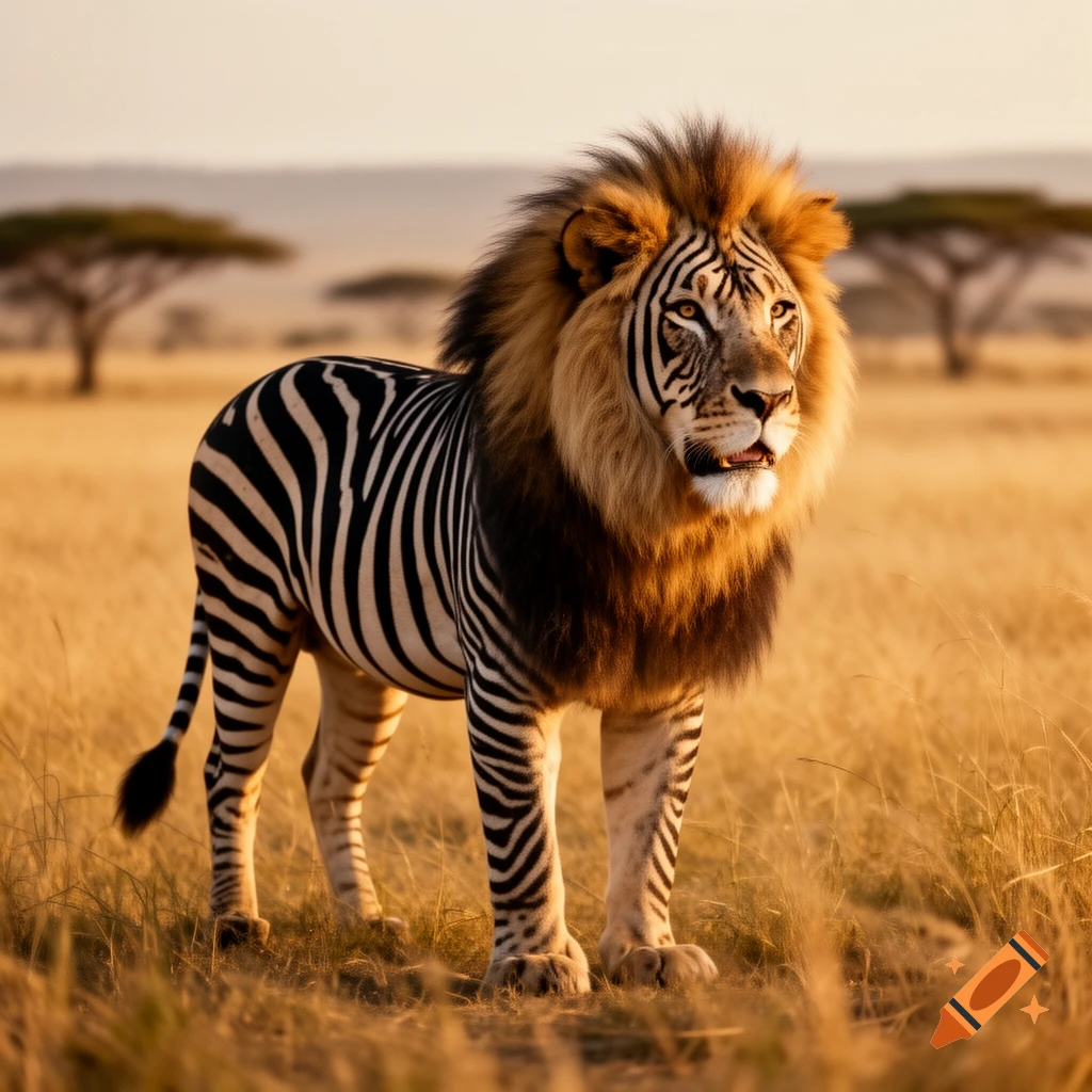 Lion-zebra hybrid animal with a striped body and a lion's head and mane stands in a golden savanna.