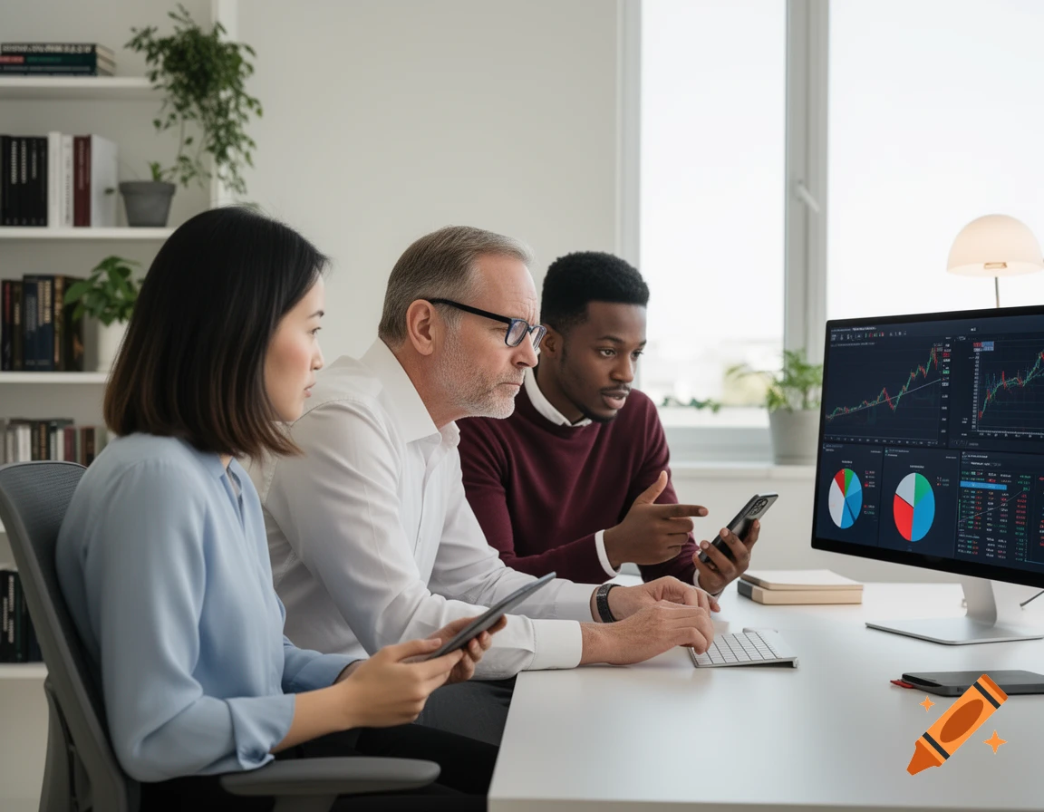 Three diverse professionals analyze financial data on a desktop monitor and mobile devices in an office setting.