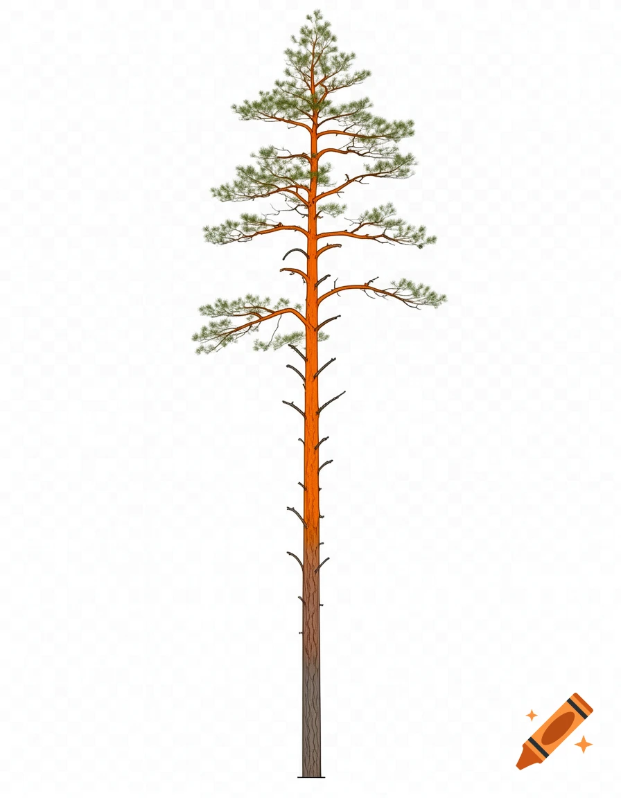 A simple architectural elevation illustration of a Scots Pine tree with a tall orange-brown trunk and sparse green foliage against a transparent background.